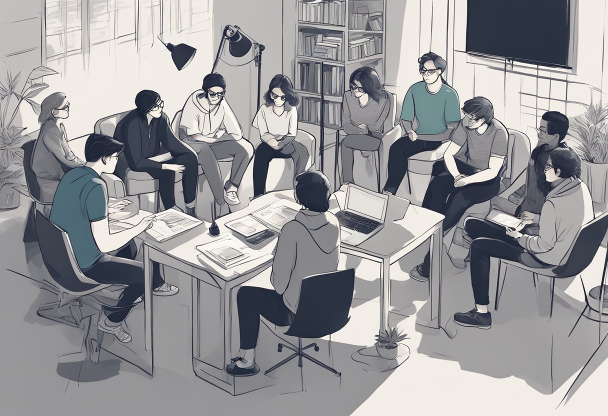 A group of young filmmakers gather to review their work and make improvements on their first short film. They discuss and give feedback in a collaborative and creative atmosphere