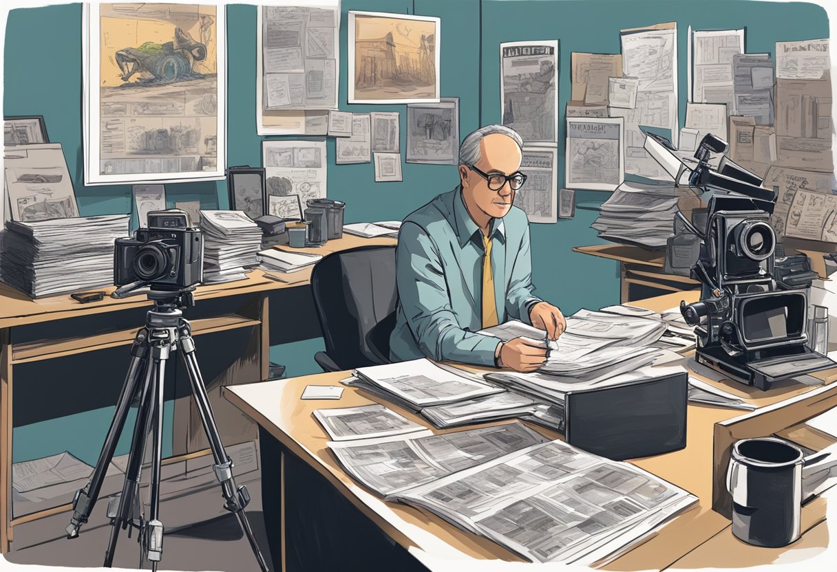 A director sits at a cluttered desk, surrounded by film posters. A storyboard and script lay open, while a camera and tripod stand nearby