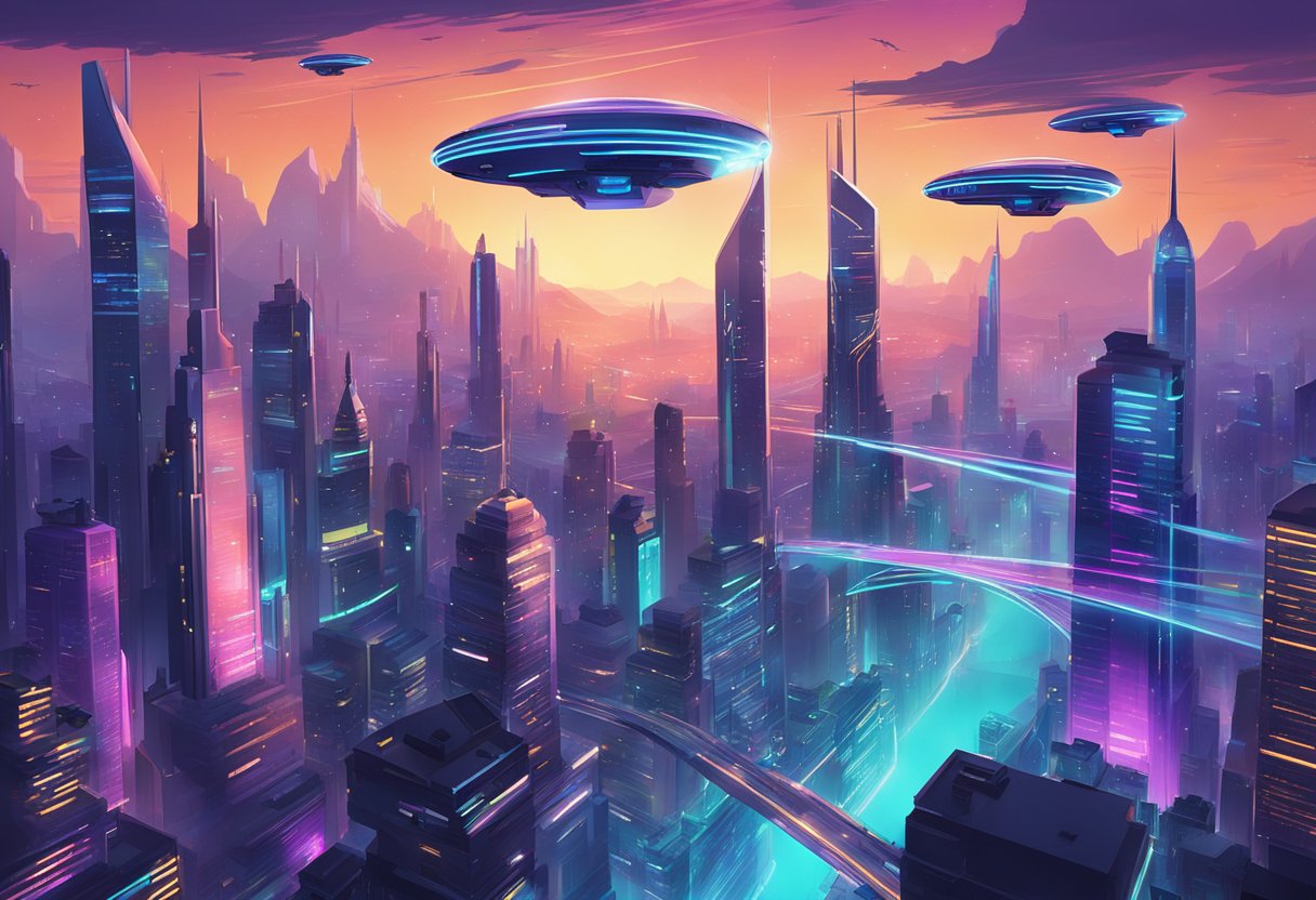 A vibrant, futuristic cityscape with towering skyscrapers, neon lights, and flying vehicles buzzing through the air. The scene is alive with energy and innovation, showcasing the fusion of technology and creativity