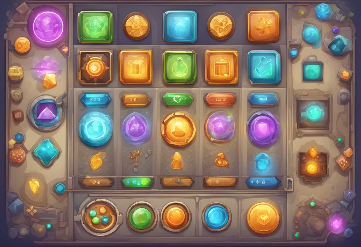A colorful interface with interactive buttons and icons, showcasing game mechanics and player interactions