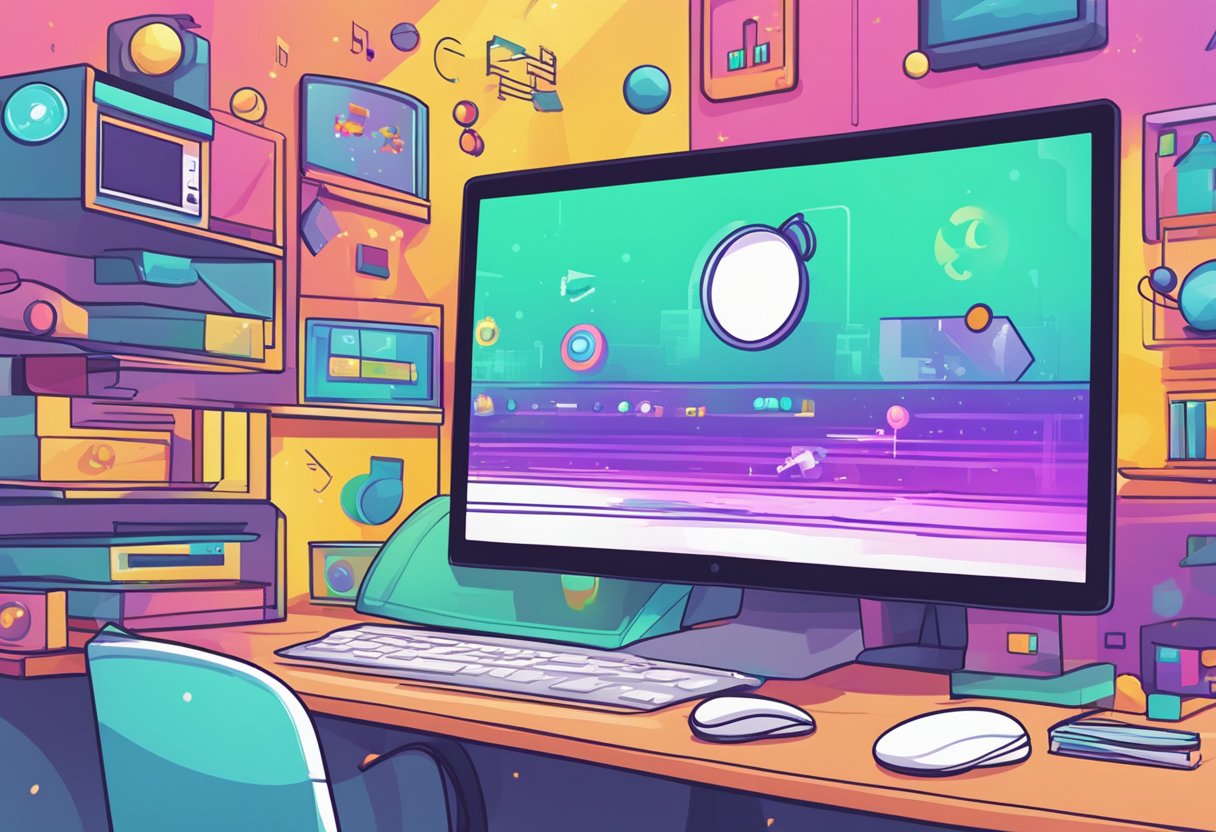 Brightly colored game design software on a computer screen, with sound effects and music notes floating around a cartoonish game character