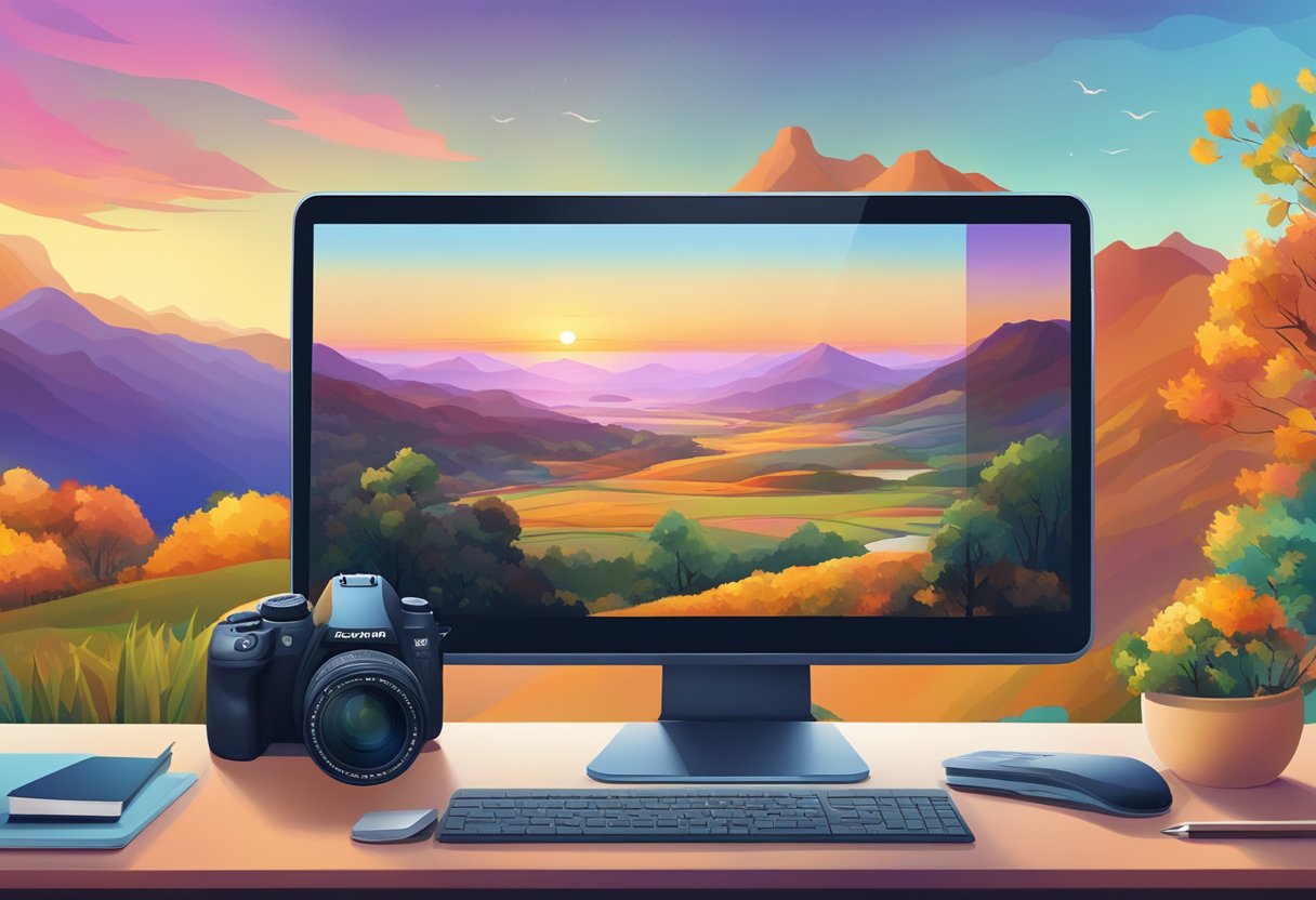 Digital Photography Tips: Master Taking and Editing Great Photos digital photography, photos, photography LearningMole A camera capturing a stunning landscape with vibrant colors and clear details, while a computer screen shows photo editing software in use