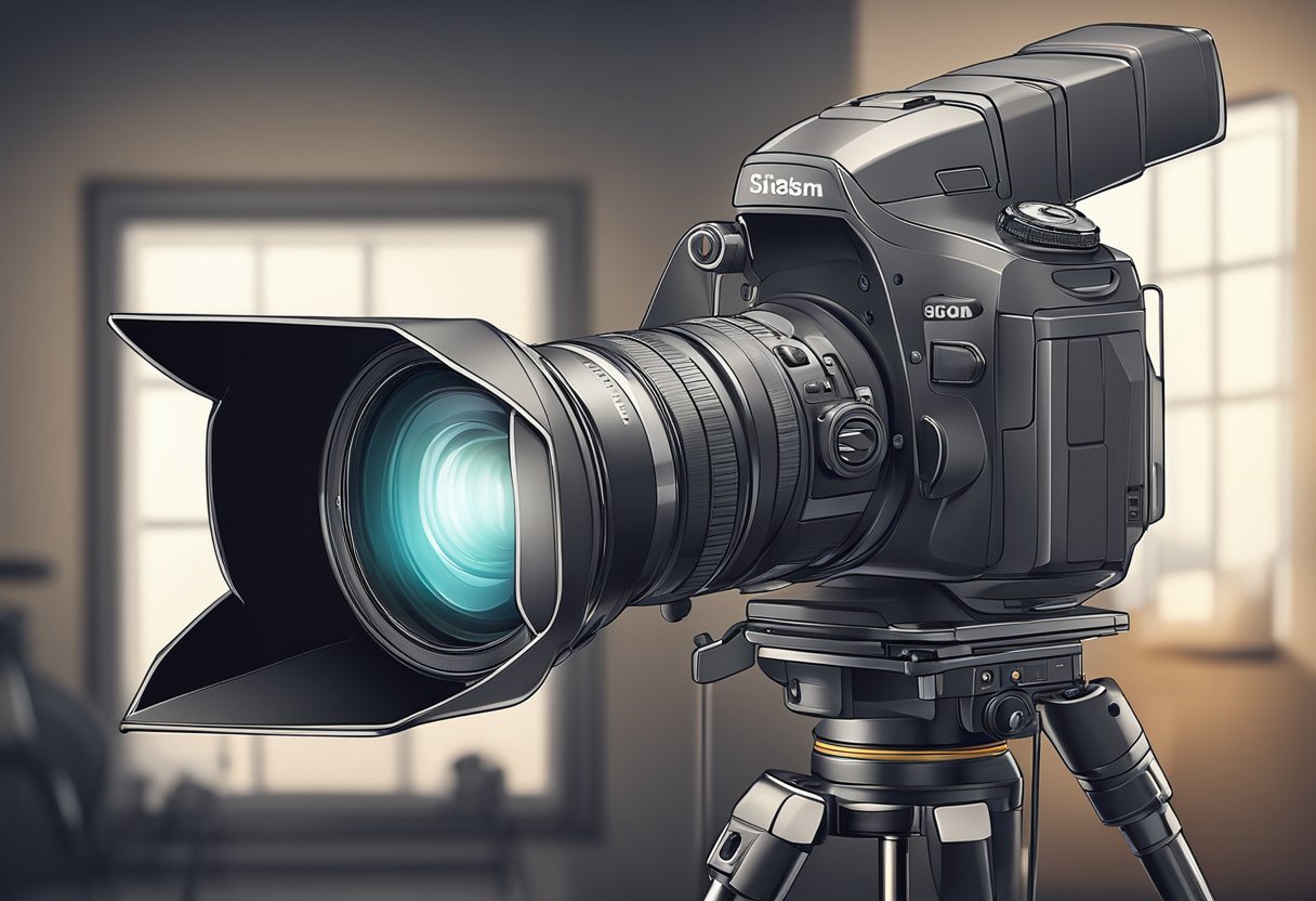 Digital Photography Tips: Master Taking and Editing Great Photos digital photography, photos, photography LearningMole A camera with adjustable settings sits on a tripod in a dimly lit room, with a softbox and reflector positioned nearby