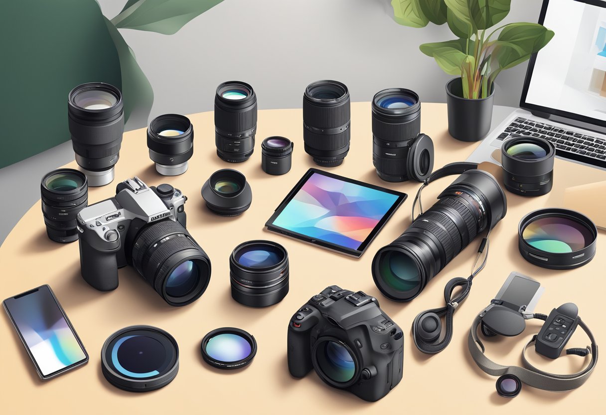 Digital Photography Tips: Master Taking and Editing Great Photos digital photography, photos, photography LearningMole A camera on a tripod with a remote shutter, a laptop with photo editing software, and various lenses and filters laid out on a table