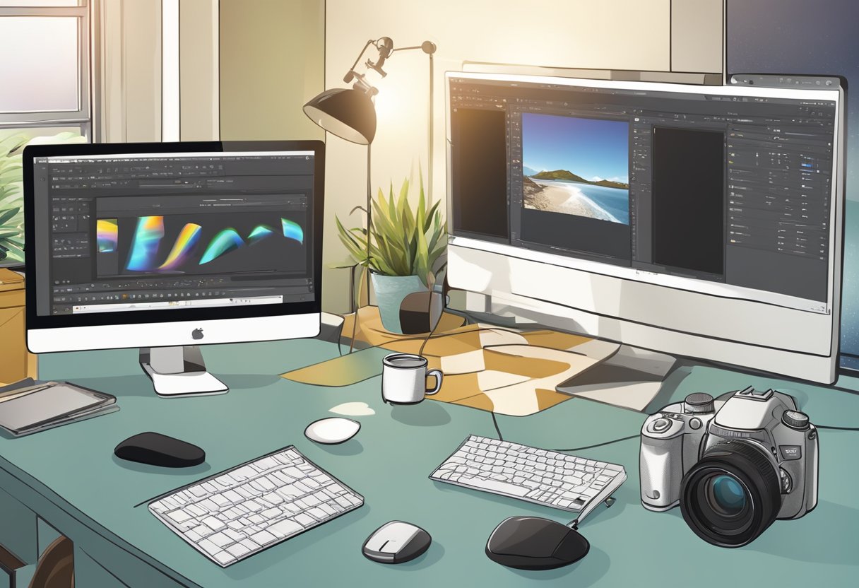 Digital Photography Tips: Master Taking and Editing Great Photos digital photography, photos, photography LearningMole A camera capturing various objects in different lighting and angles, with a computer displaying photo editing software in the background