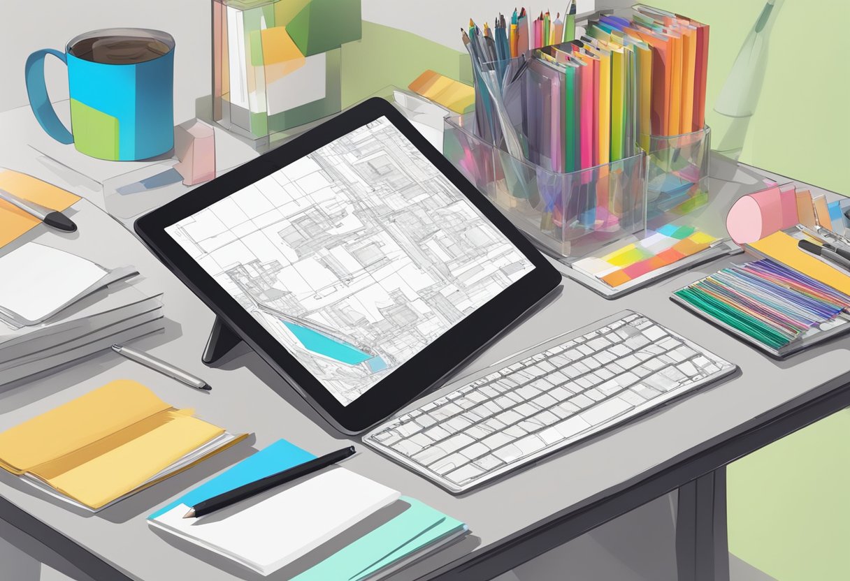 A digital tablet and stylus on a desk, surrounded by colorful sketches and reference materials. A computer monitor displays a work in progress