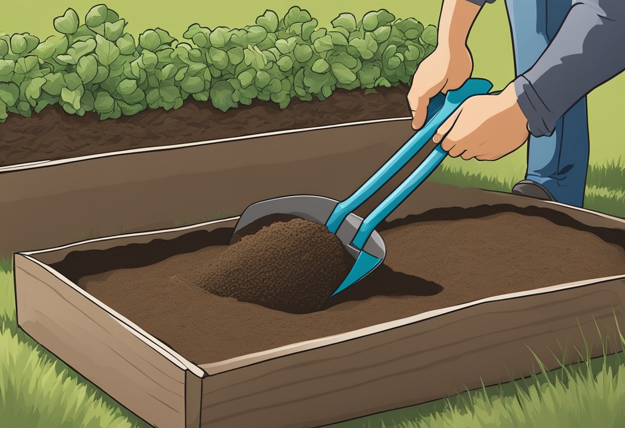 Soil pours from a bag into a raised garden bed. A shovel levels the soil as it fills the bed