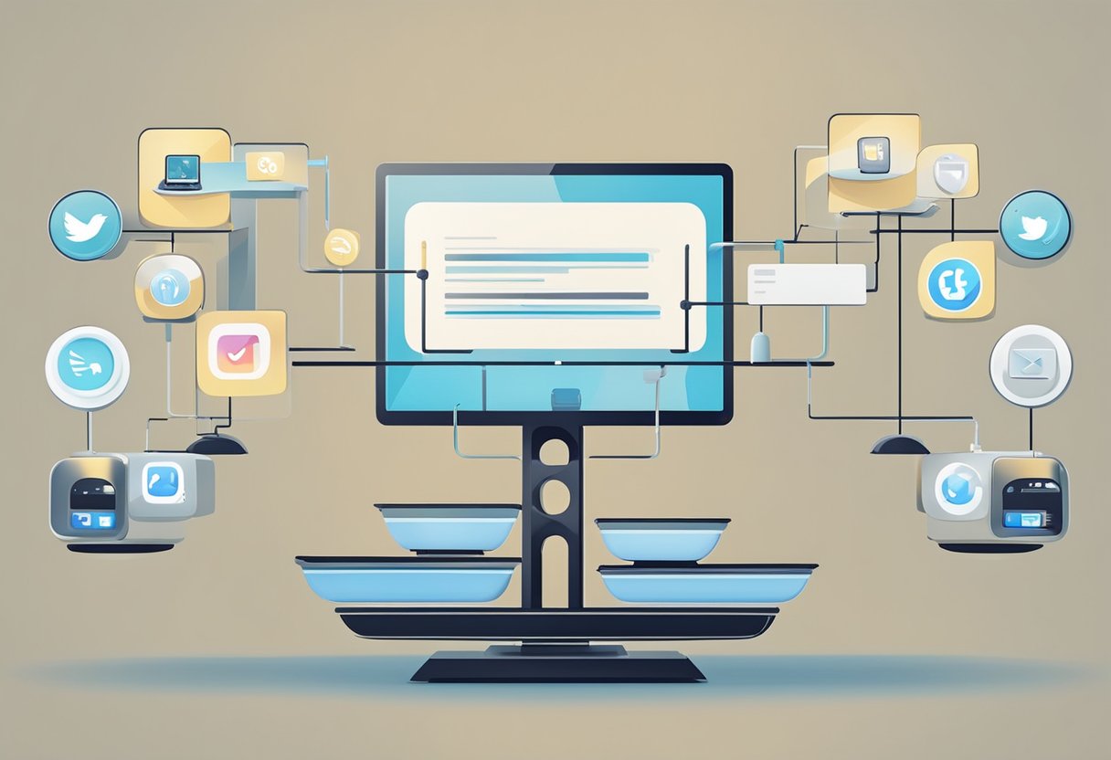 Using Social Media Responsibly: A Guide for Families to Foster Safe Online Habits social media LearningMole A family's digital devices and social media logos are balanced on a scale, with positive online interactions on one side and negative ones on the other