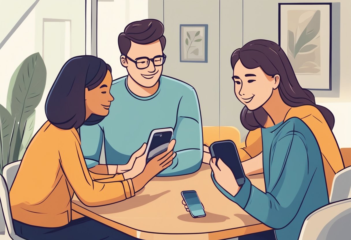 Using Social Media Responsibly: A Guide for Families to Foster Safe Online Habits social media LearningMole A family gathers around a table, each holding a smartphone. They are engaged in positive and educational discussions about using social media responsibly for personal development