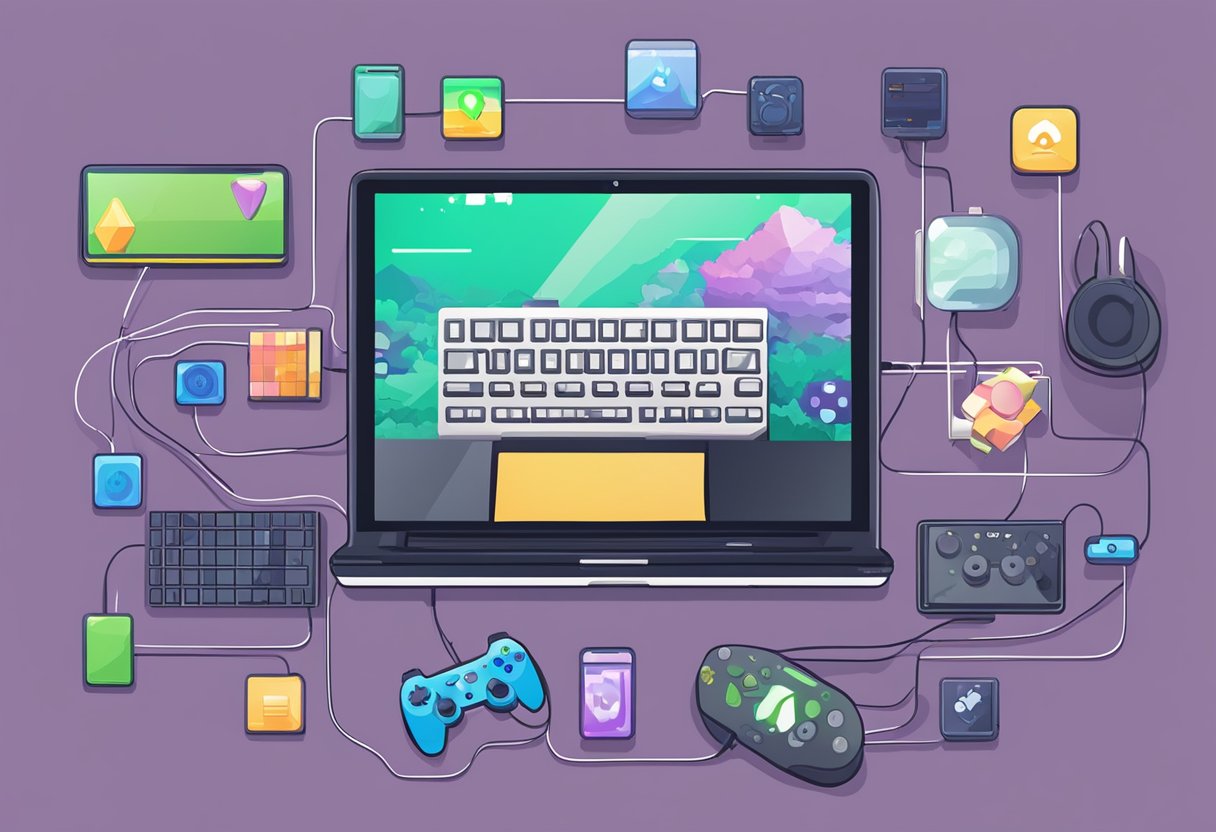 An open laptop displaying various game emulators with a download button highlighted. A gaming controller rests nearby, ready for use