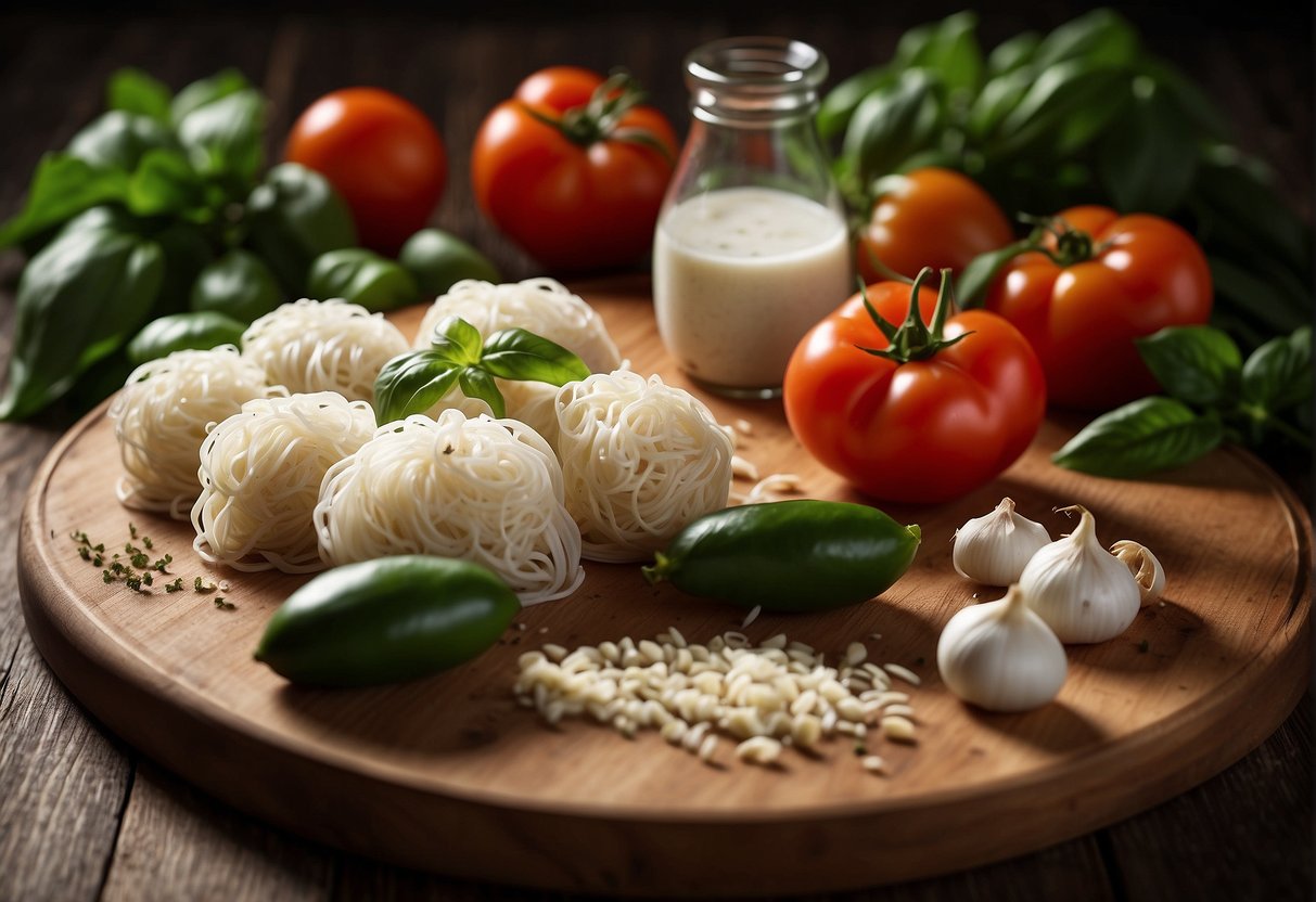 A konjac plant pasta sits on a wooden cutting board, surrounded by fresh ingredients like tomatoes, basil, and garlic. A pot of boiling water steams nearby