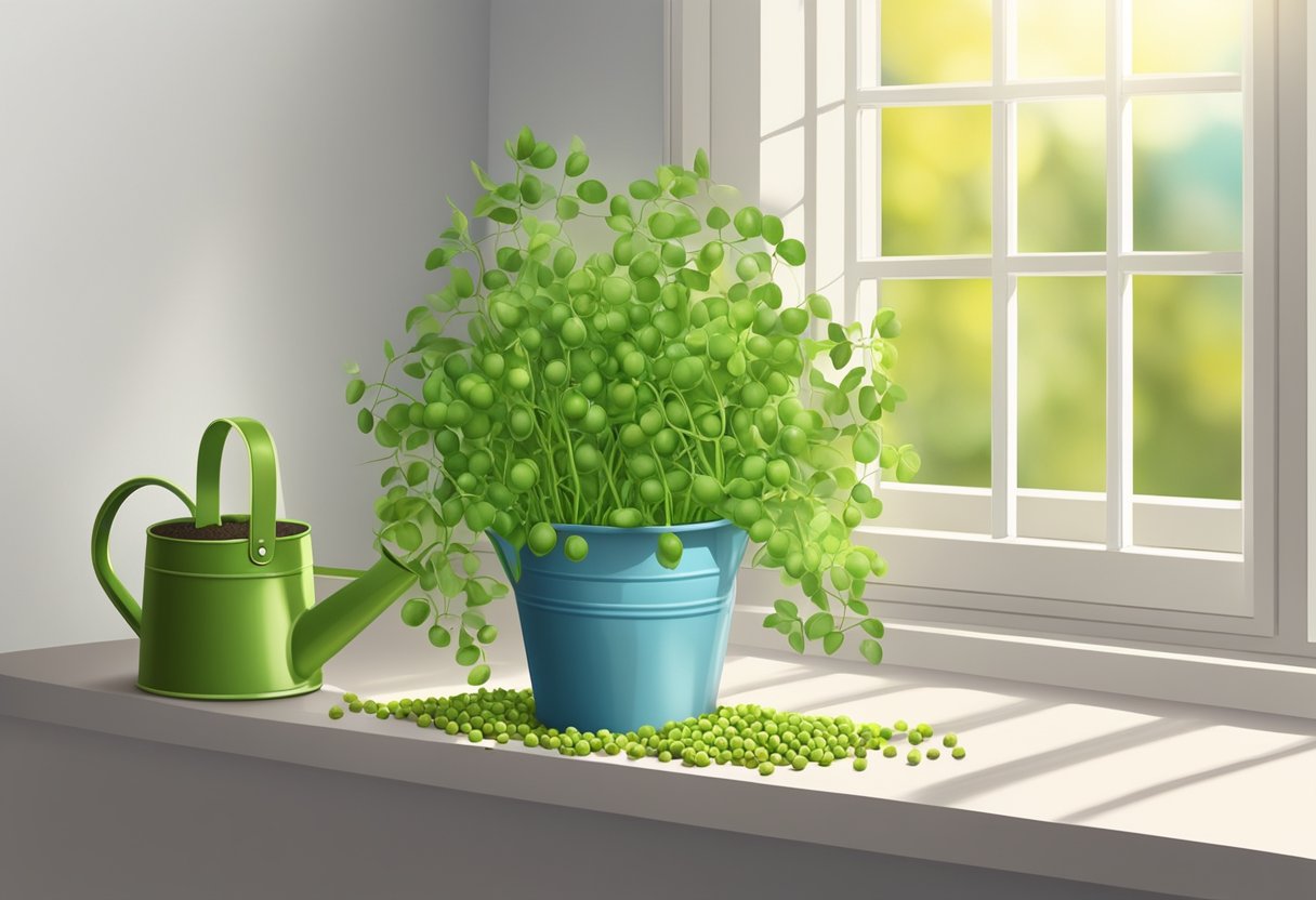 Pea seeds in a pot with soil, placed near a sunny window. Watering can nearby. Trellis for support