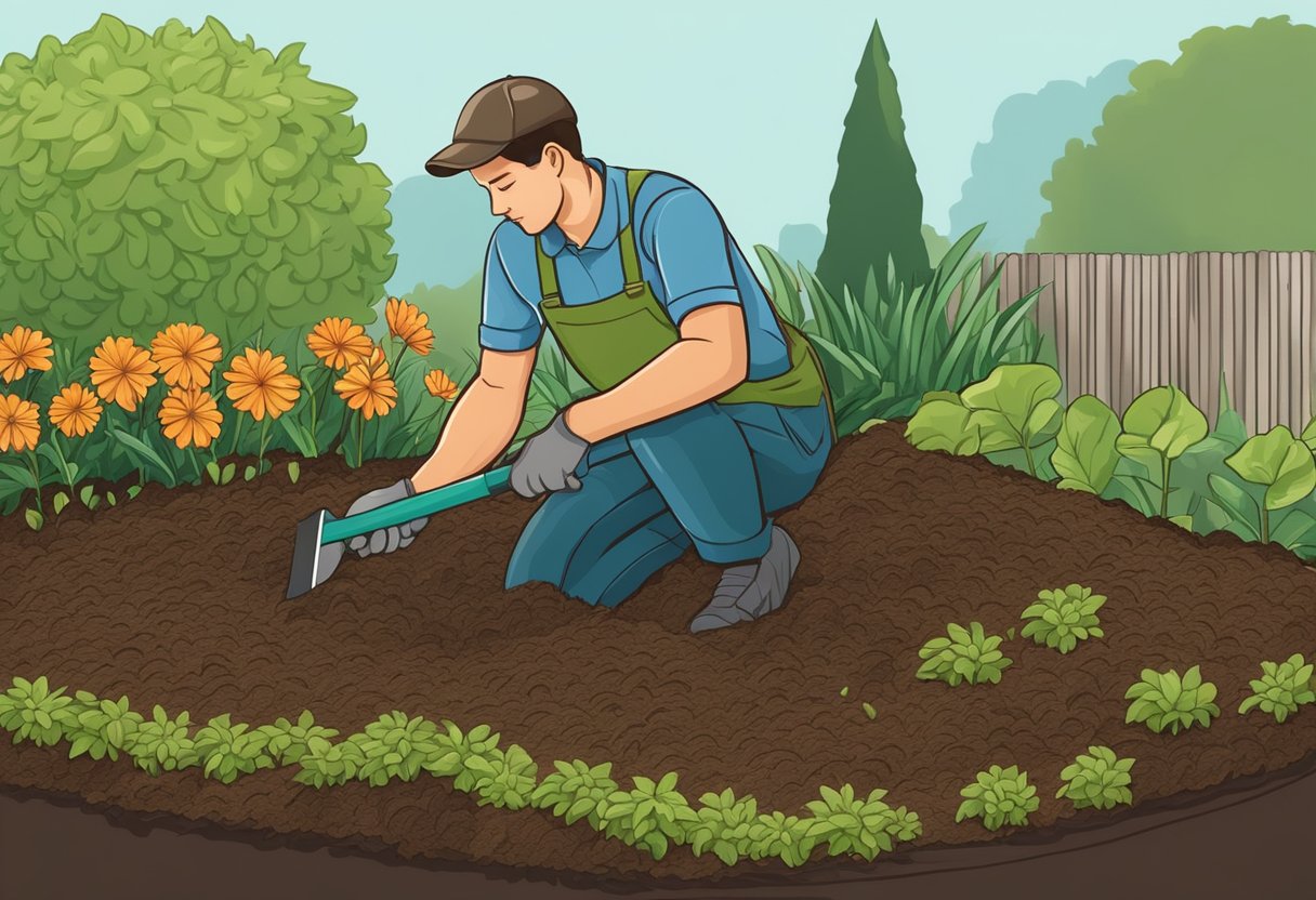 A gardener lays down a thick layer of mulch over the soil, effectively preventing weeds from sprouting and taking over the garden