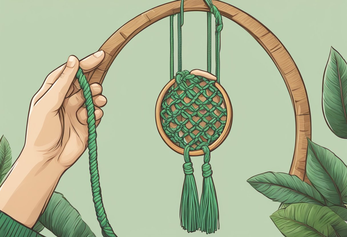 A hand reaches for a wooden hoop, tying macrame knots with green rope. A small pot dangles from the finished hanger