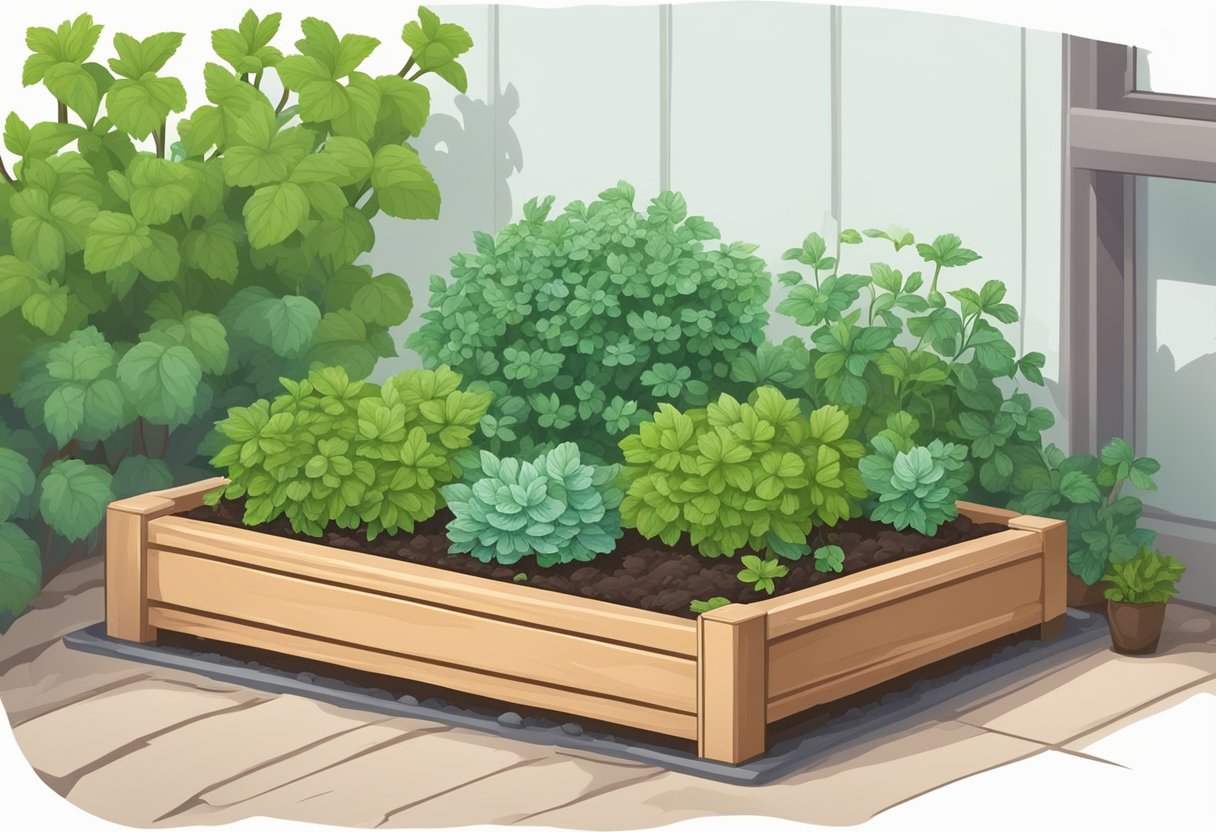 Lush garden with a raised bed. A gardener plants mint in a pot to contain its growth. Mulch and regular pruning keep the mint from spreading