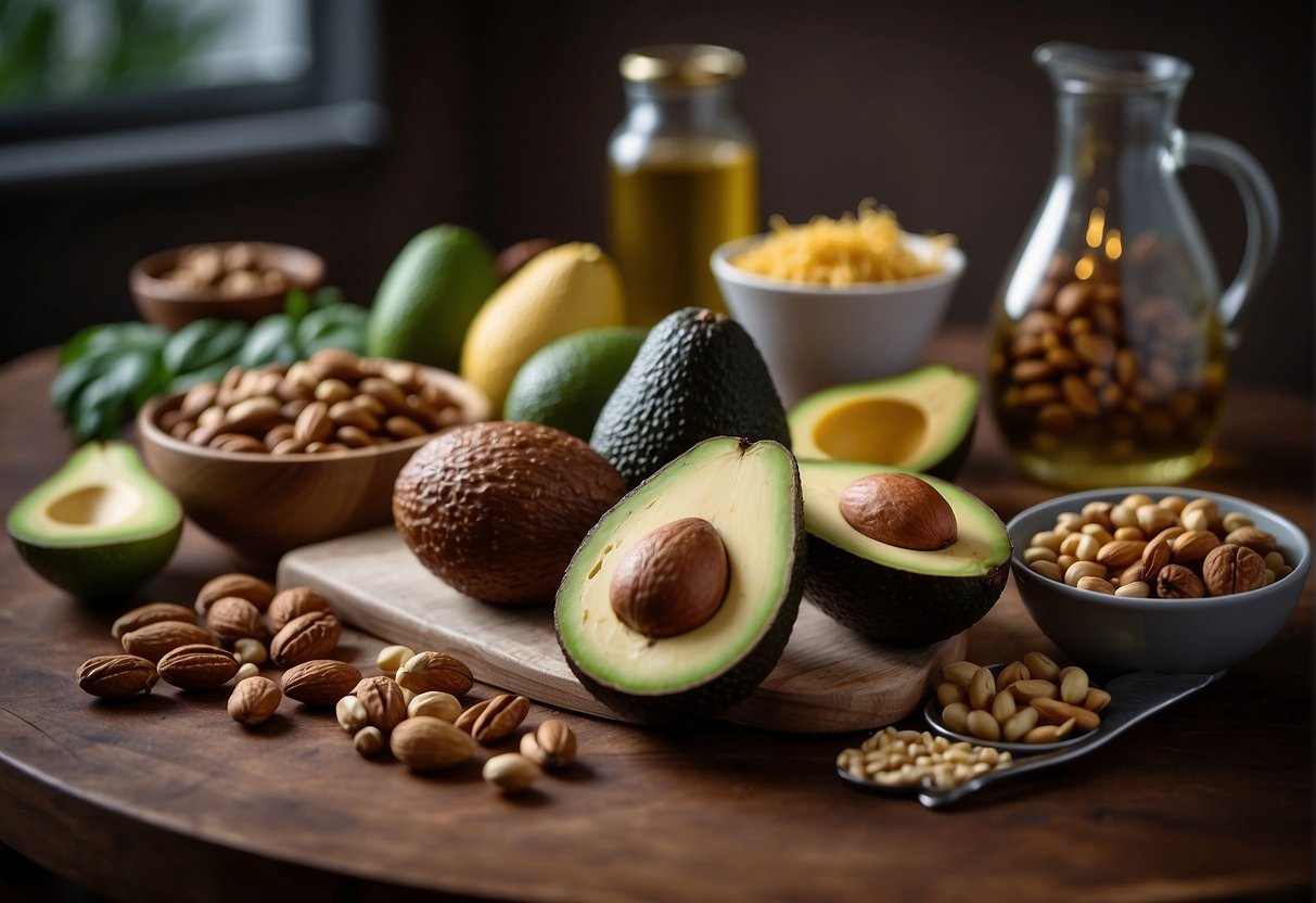 A table with keto-friendly foods, such as avocado, nuts, and lean meats, surrounded by a tape measure and a scale