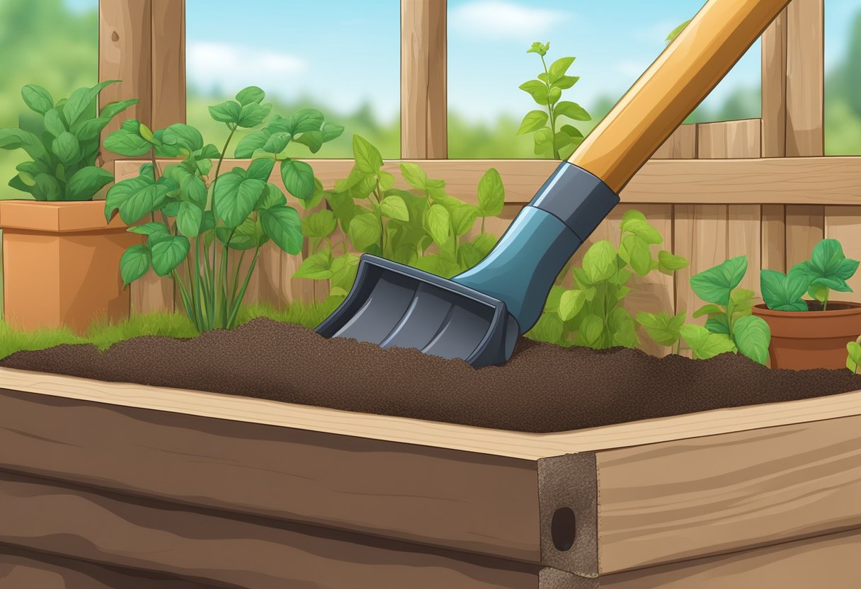 Soil is being shoveled into a wooden frame. A level is used to ensure the frame is even. Plants and seeds are nearby