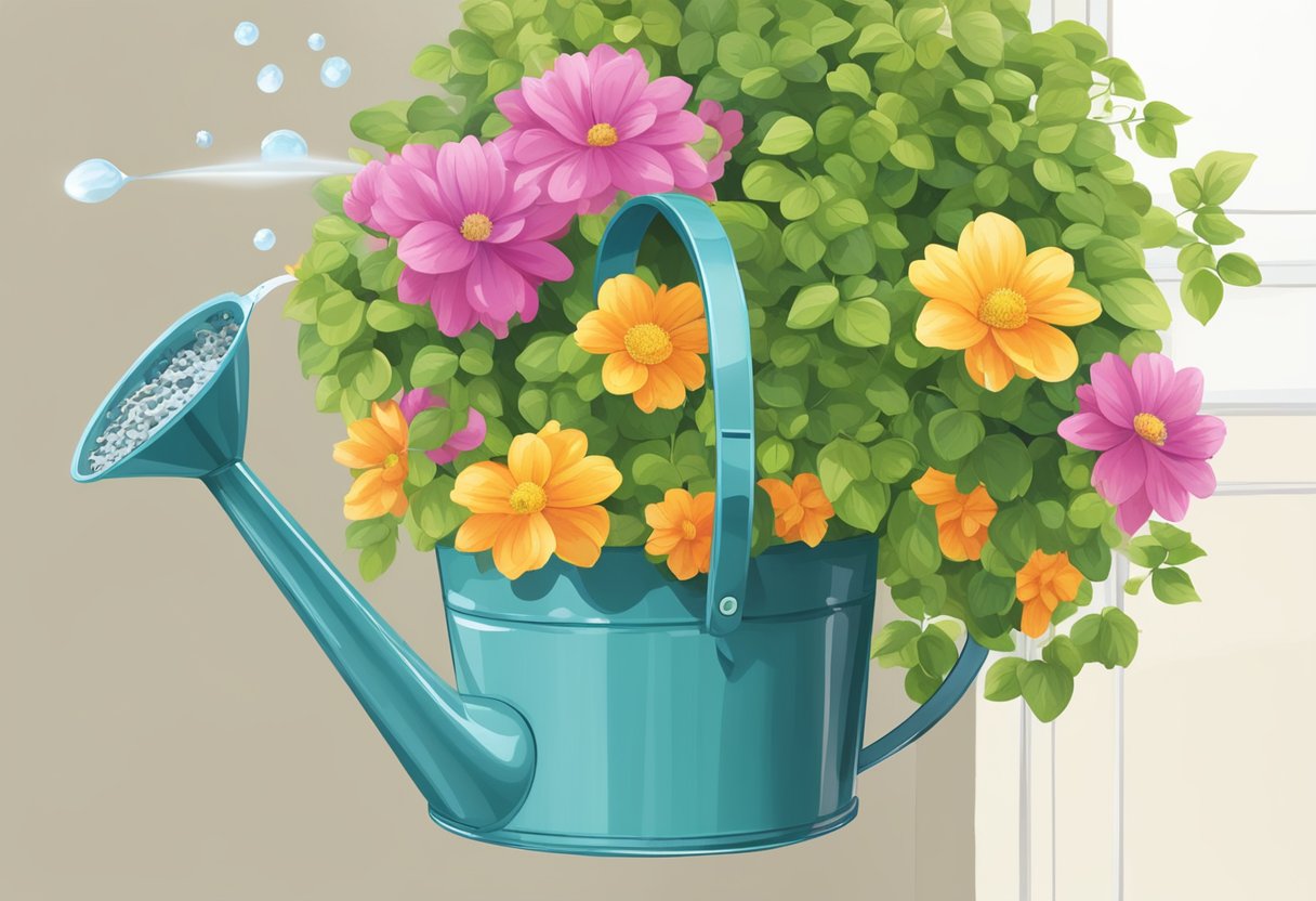 A watering can pours water into a hanging basket, soil moist. Drip tray catches excess water. Mesh lining prevents soil from falling out