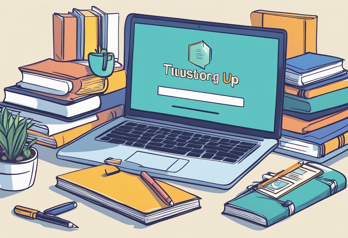 A laptop displaying a tutoring website with a "Sign up" button, surrounded by books and a pen, symbolizing online tutoring services for making money