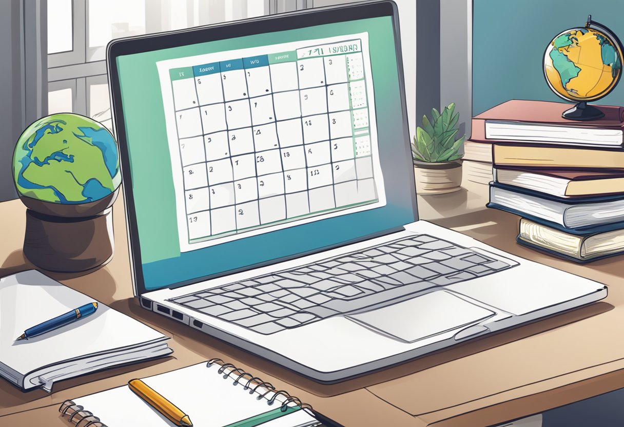 A laptop open with a calendar, notebook, and pen nearby. A stack of books and a globe sit on the desk. An online tutoring website is displayed on the screen