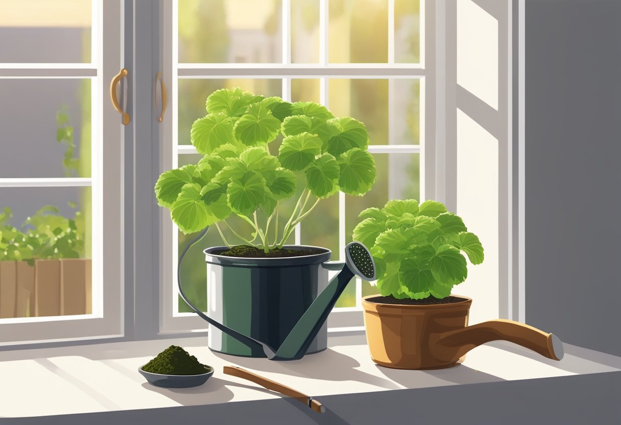 A pot of wasabi sits on a sunny windowsill. A small watering can and pruning shears are nearby. The plant grows lush and green, surrounded by rich, damp soil