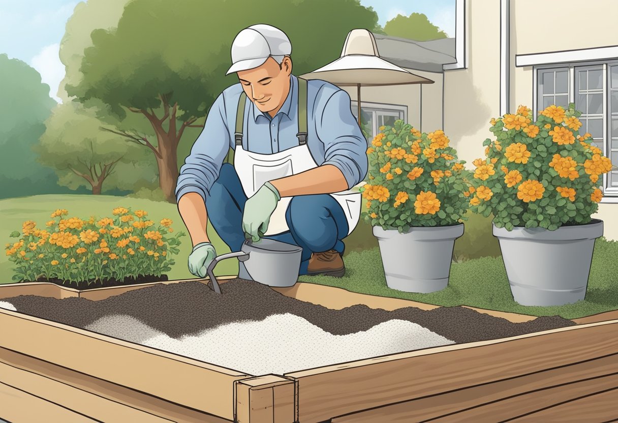 A gardener pours perlite into a raised bed, following instructions for proper ratio. The perlite mixes with the soil, creating a light and airy texture