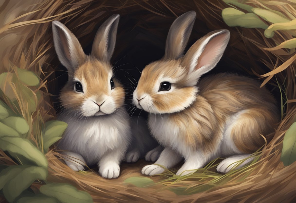 Baby bunnies huddle in a cozy nest, their fur fluffy and their eyes closed. They are small and fragile, nestled closely together for warmth and comfort