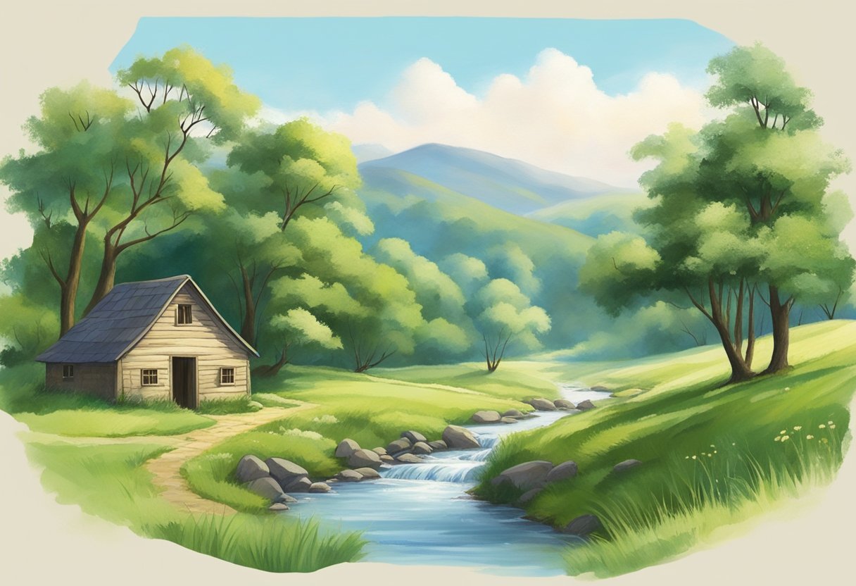 A serene landscape with a clear sky and a gentle stream flowing through a lush, green valley. A small, humble shelter sits nestled among the trees, symbolizing God's provision in times of need