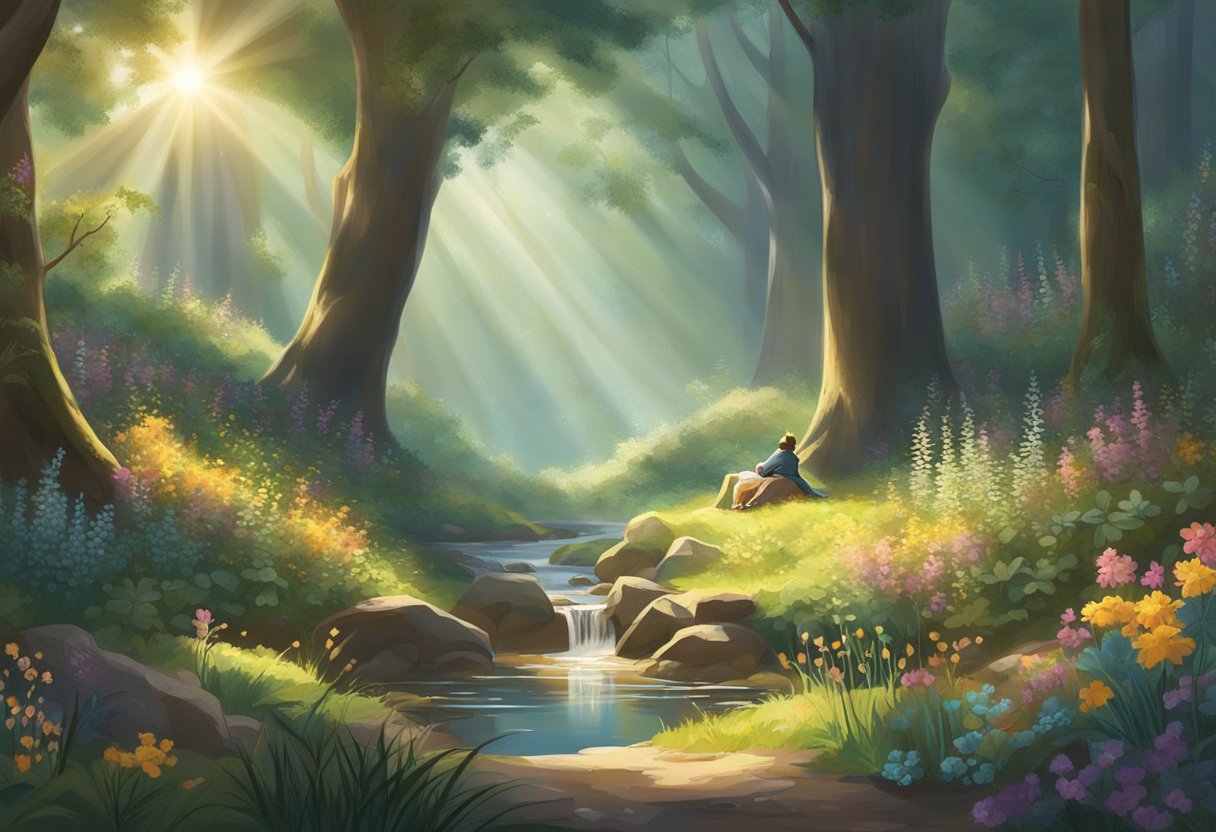A tranquil forest clearing with sunlight streaming through the trees, illuminating a small stream. A figure kneels in prayer, surrounded by signs of abundance - ripe fruit, blooming flowers, and flourishing wildlife