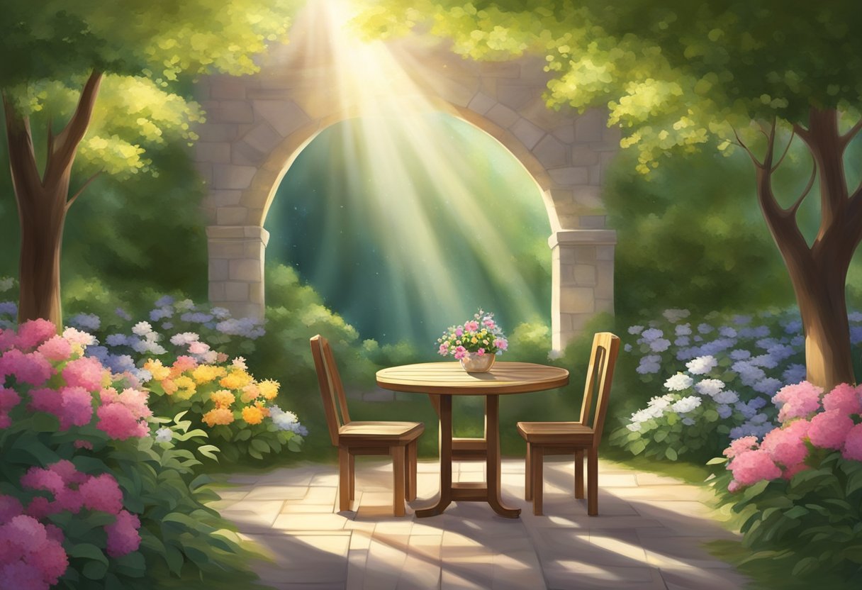 A serene garden with a small table set for prayer, surrounded by blooming flowers and a peaceful atmosphere. A beam of light shining down on the table symbolizes divine provision