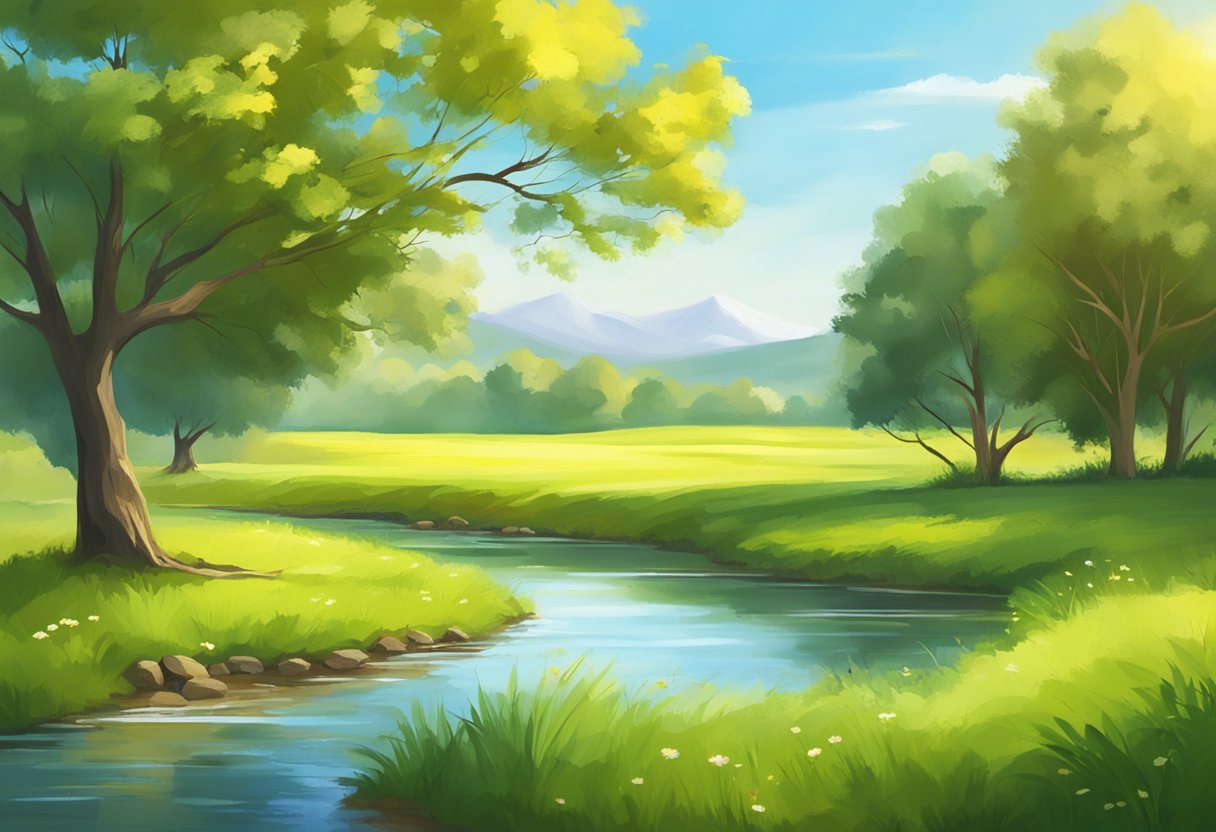 A serene meadow with a lone tree, bathed in warm sunlight. A small stream flows nearby, surrounded by lush greenery. A sense of peace and anticipation fills the air