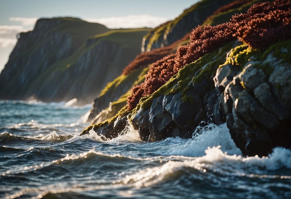 A rocky shore with crashing waves, where seaweed clings to the rocks. Dulse, a red seaweed, grows in abundance, swaying with the movement of the ocean
