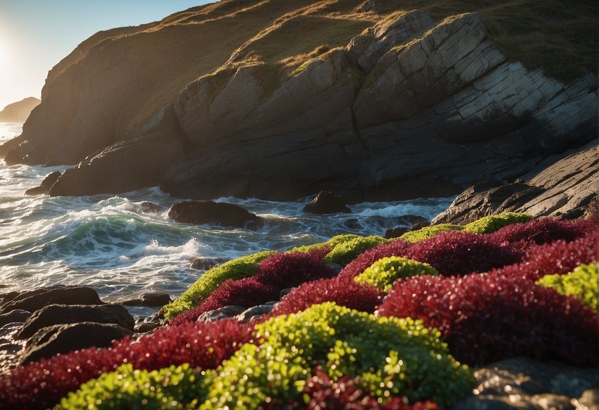 A vibrant scene of a rocky shoreline with waves crashing, showcasing various types of seaweed including dulse. Sunlight filtering through the water, illuminating the rich red and green hues of the dulse