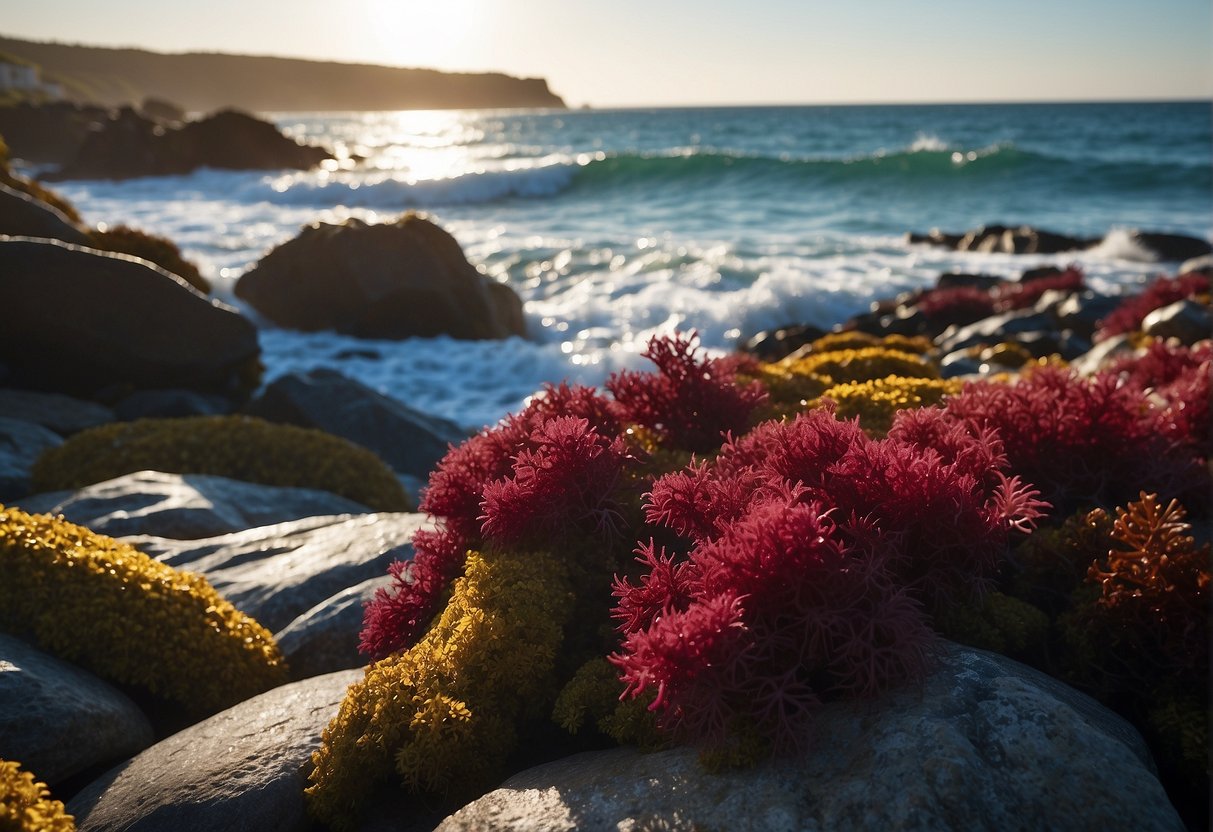 A vibrant scene of a coastal rocky shore with waves crashing, featuring a red seaweed known as Dulse, showcasing its rich texture and deep color