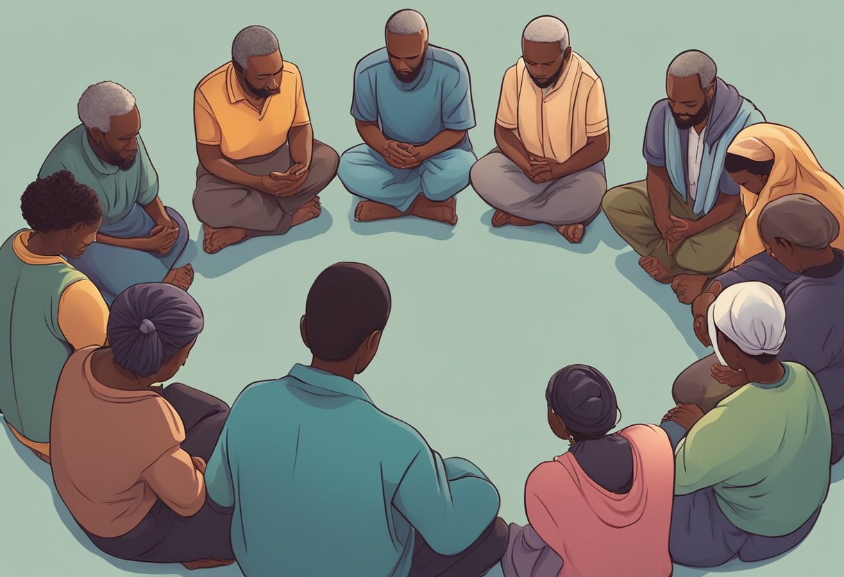 A group of people gather in a circle, heads bowed in prayer, surrounded by their community. The atmosphere is filled with hope and anticipation for spiritual awakening and renewal