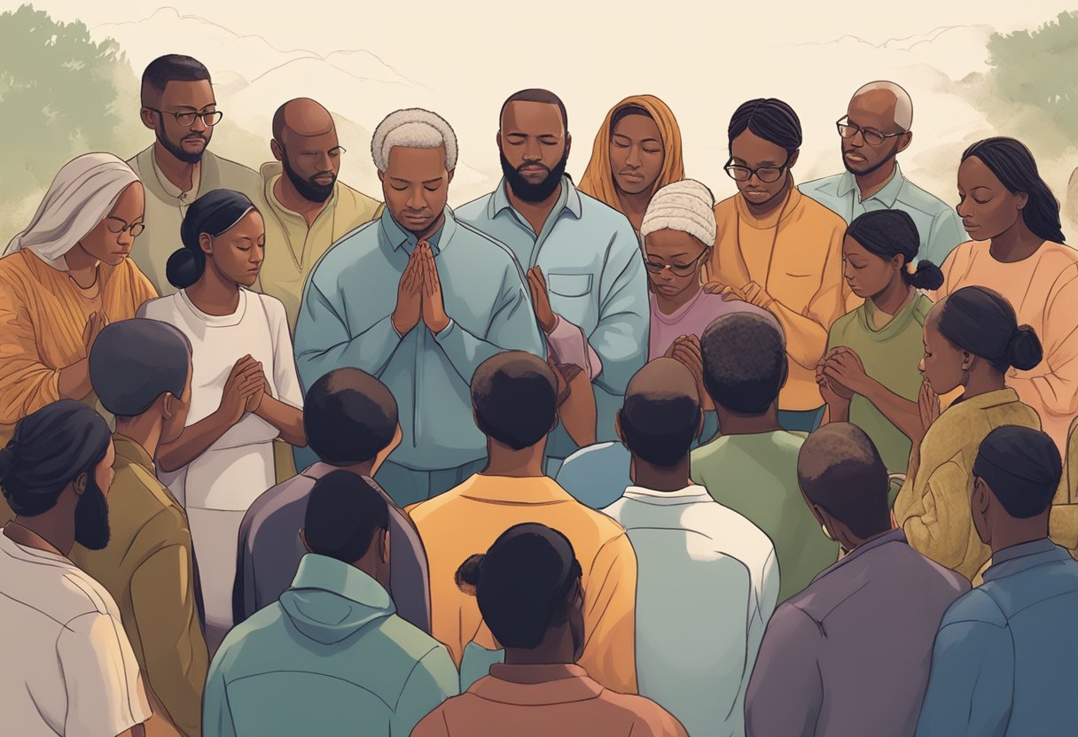 A diverse group of people gather in a circle, heads bowed in prayer, surrounded by their community. The scene exudes a sense of unity and hope as they lift their voices in fervent prayer for revival