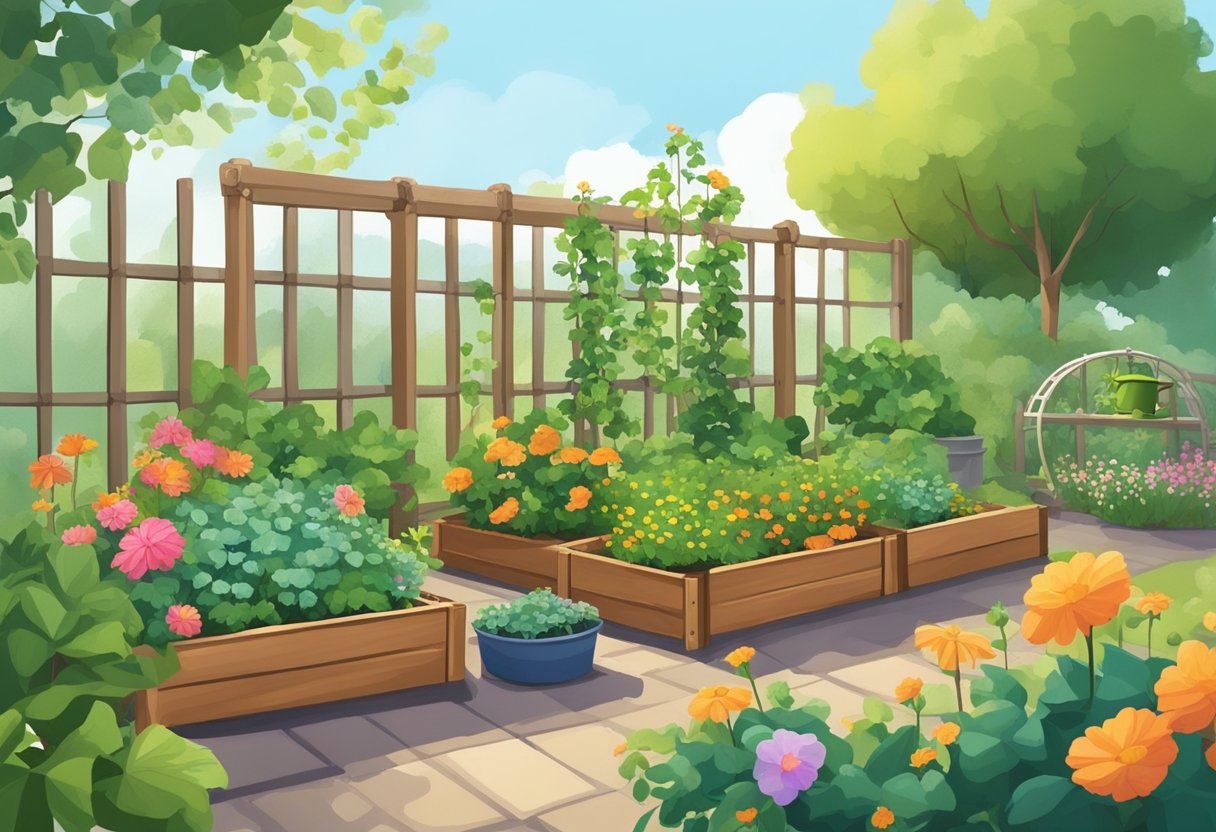 Lush green plants grow in raised beds, surrounded by colorful flowers. A small watering can sits nearby, and a trellis supports climbing vines