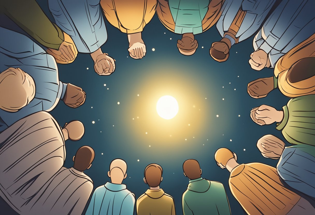 A group of people gather in a circle, heads bowed in prayer, as a bright light shines down on them, symbolizing the power of their collective prayers for revival in their community