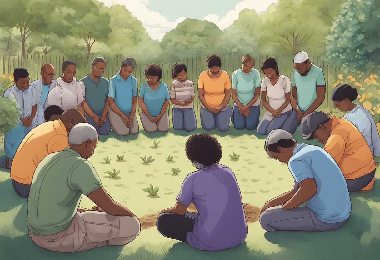 A group of people gather in a circle, heads bowed in prayer, surrounded by a community garden being prepared for planting