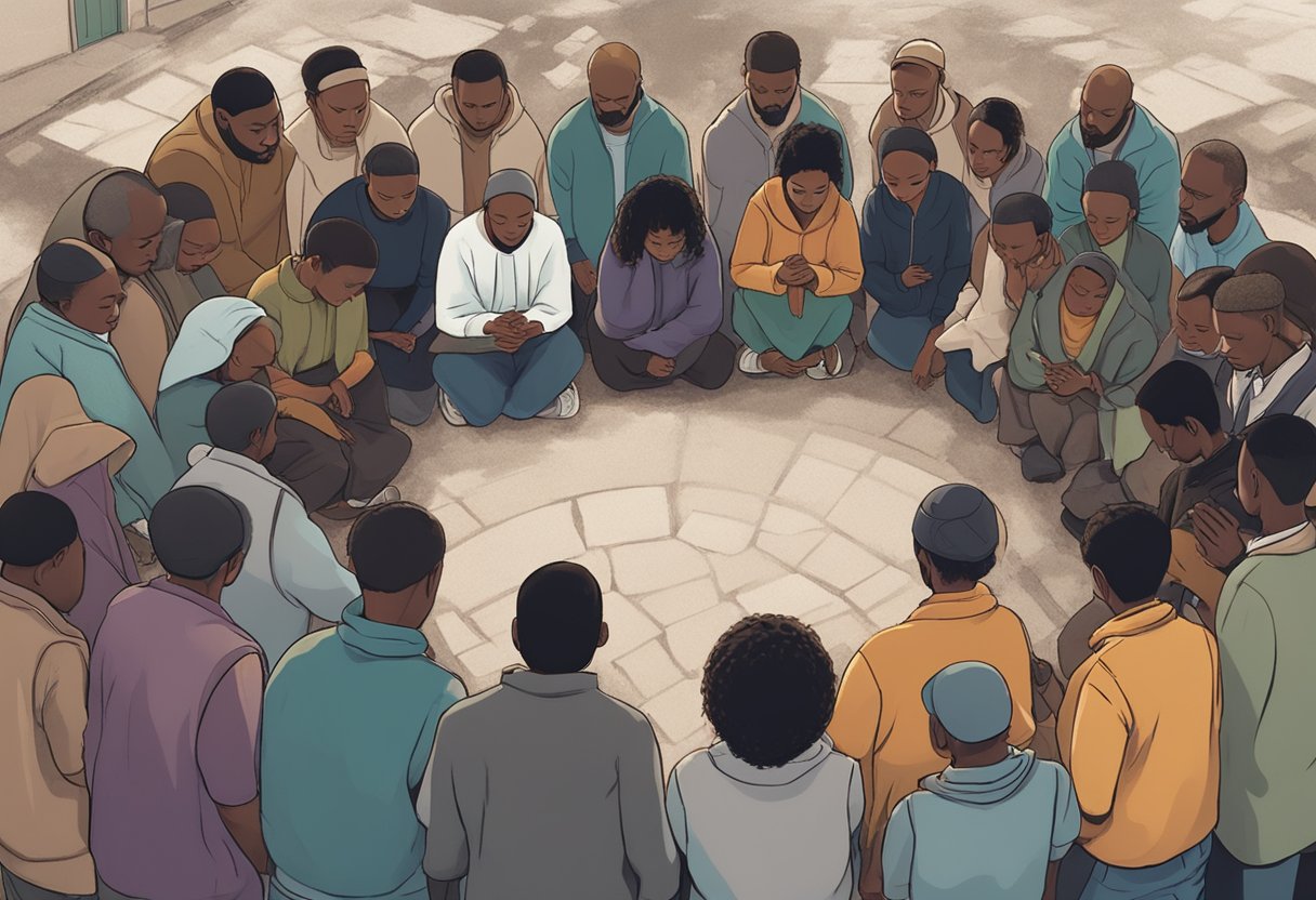 A group of diverse individuals gather in a circle, heads bowed in prayer. Surrounding them, the community is depicted in need of revival, with neglected buildings and desolate streets