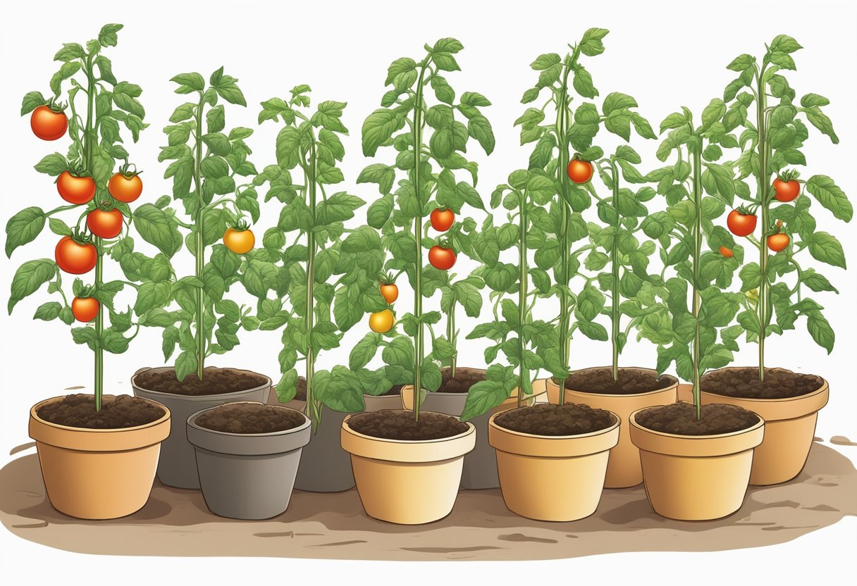 Tomato plants in pots with sturdy stakes for support. Stakes are driven into the soil next to each plant, and the plants are gently tied to the stakes using soft twine
