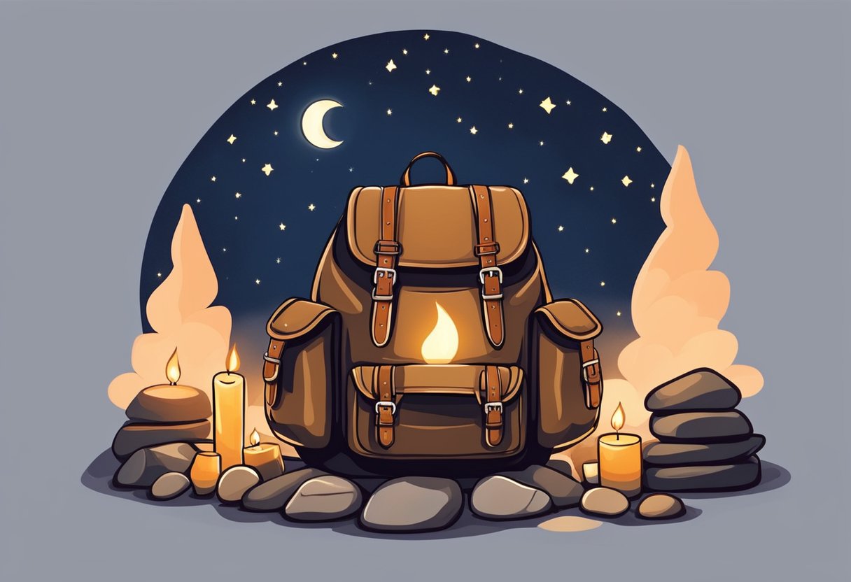 A traveler's backpack sits by a campfire under a starry sky, surrounded by a circle of stones with small candles burning, casting a warm glow