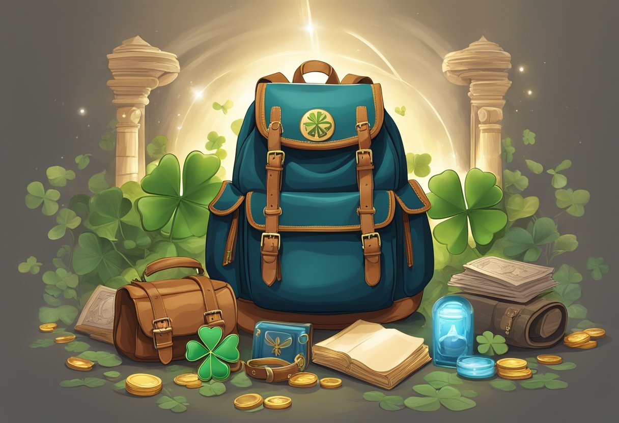 A traveler's backpack sits on the ground, surrounded by symbols of protection - a horseshoe, a four-leaf clover, and a small talisman. A beam of light shines down on the scene, representing the power of prayer for safe
