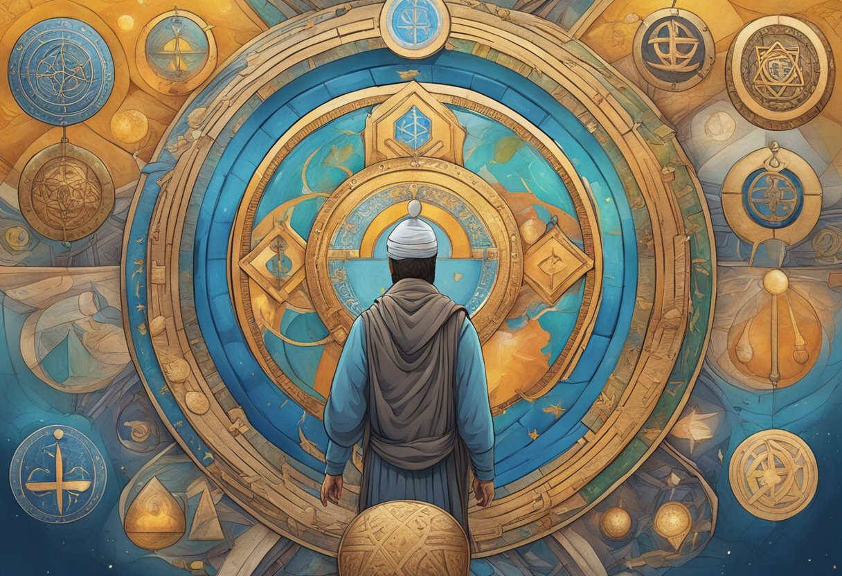 A traveler surrounded by symbols of different faiths, shielded by a protective aura during their journey