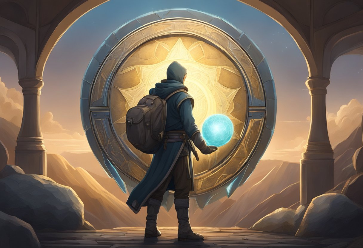 A traveler stands before a glowing orb, surrounded by a shield of light, as they embark on their journey. The scene exudes a sense of protection and guidance for safe travels