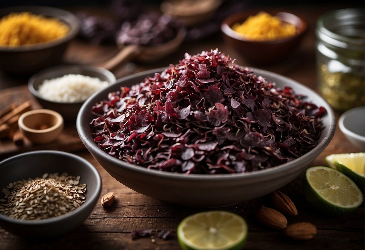 A bowl of dulse flakes sits on a wooden table, surrounded by various cooking utensils and ingredients. The flakes are dark red and glisten in the light, with a salty aroma wafting from them