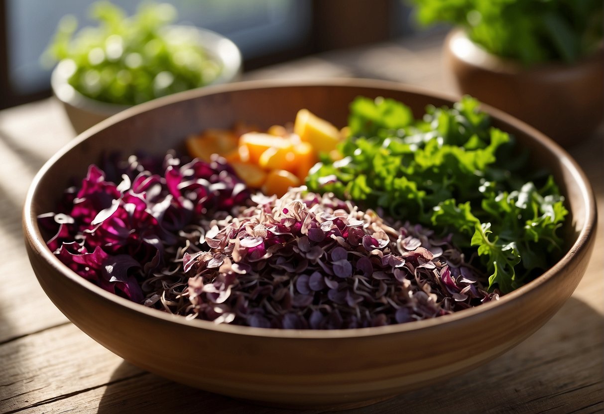 A bowl of dulse flakes sits on a wooden table, surrounded by fresh seaweed and a variety of colorful vegetables. The sunlight streams in through a nearby window, highlighting the vibrant colors of the ingredients
