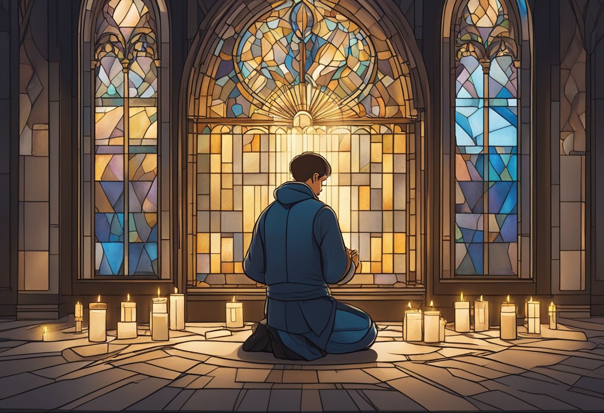 A figure kneels in prayer, surrounded by candles and incense. The room is dimly lit, with rays of light streaming in from a stained glass window