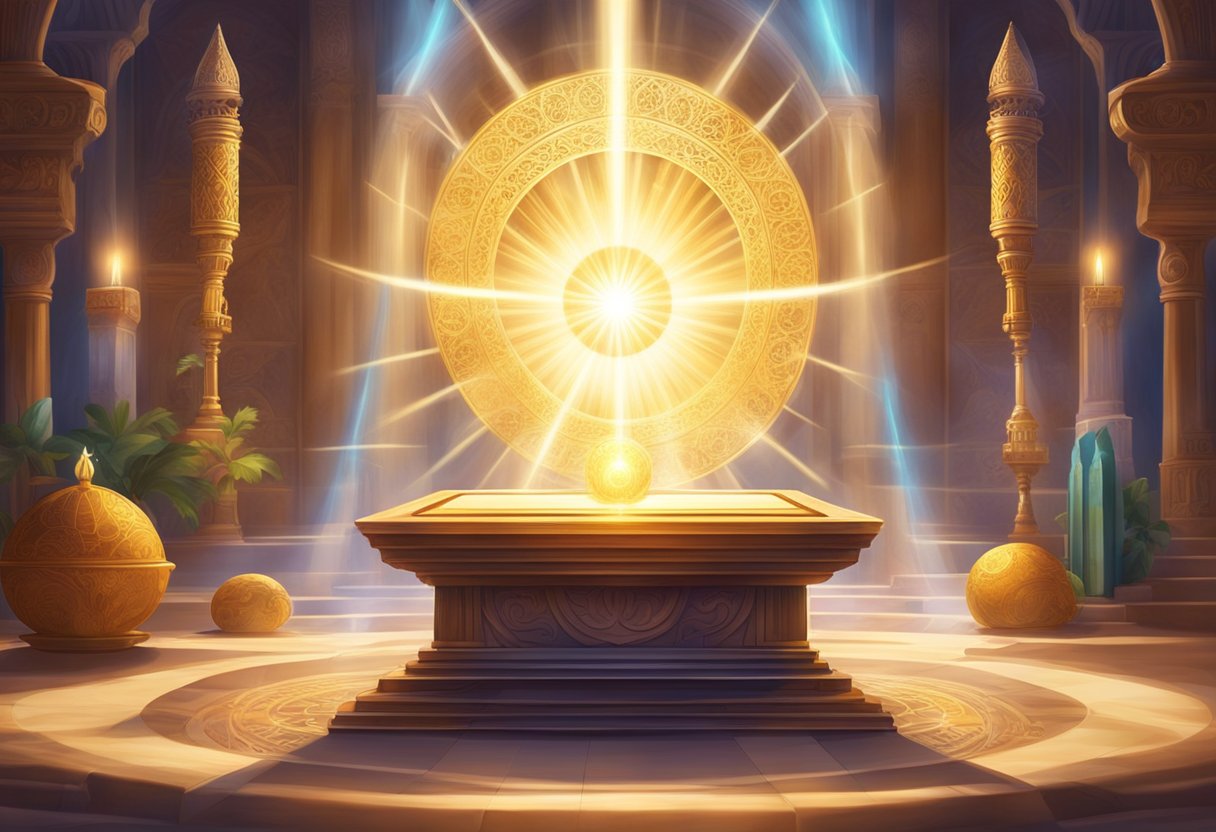 A radiant beam of light shines down on a sacred altar, surrounded by swirling energy and symbols of faith