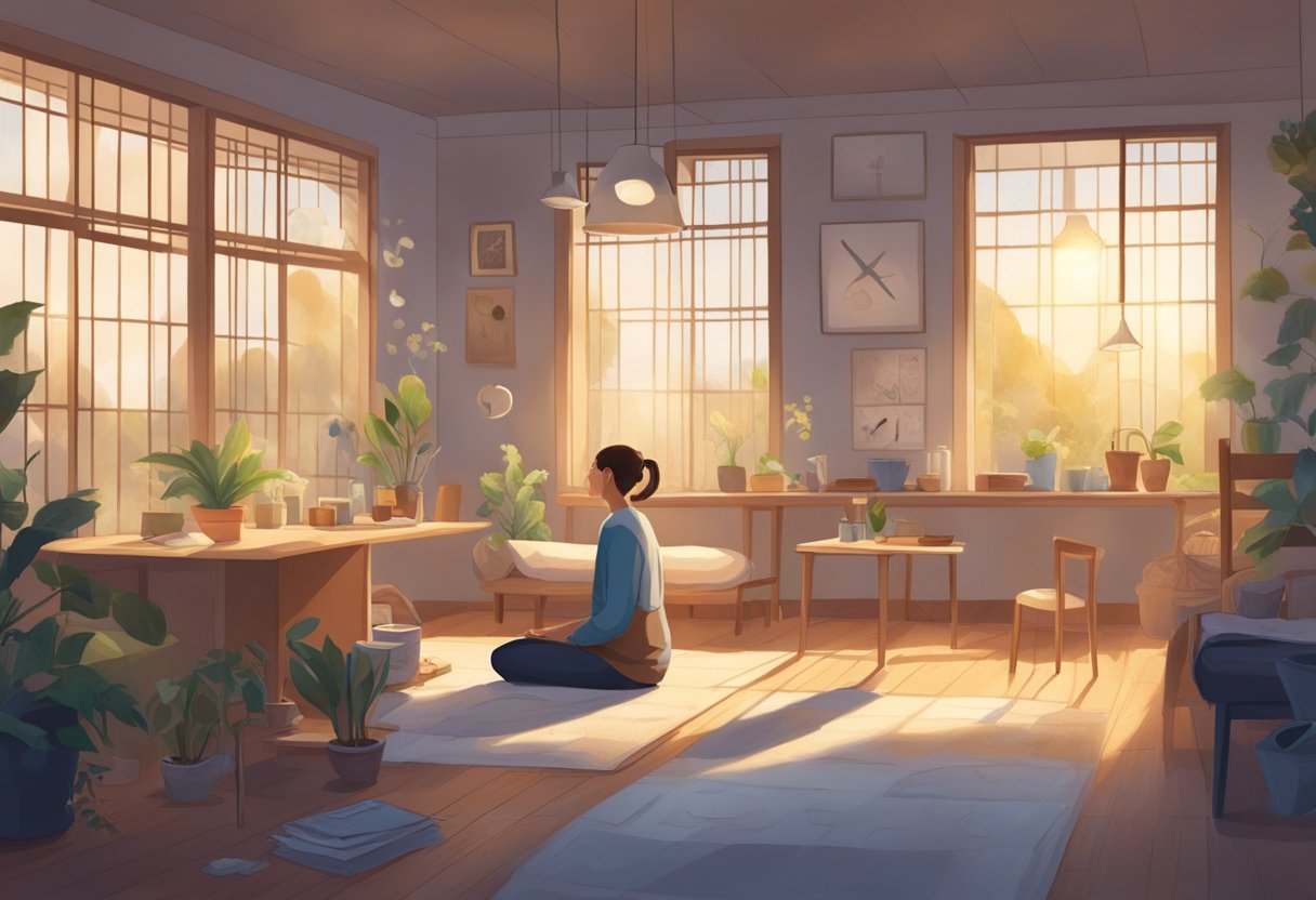 A serene, open space with a beam of light shining down, surrounded by symbols of different needs (e.g. a broken heart, a sick person, a struggling family)